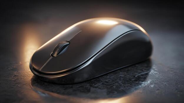 A sleek black computer mouse displayed on a dark surface, illuminated subtly to enhance its modern design. photo
