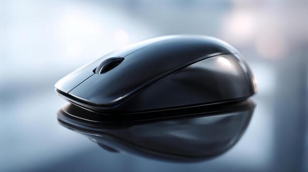 A sleek, modern black computer mouse resting on a reflective surface, showcasing its elegant design and smooth curves. photo