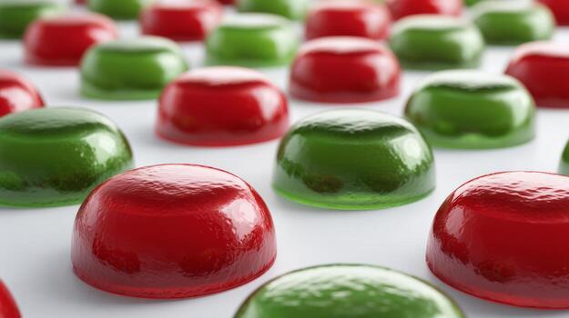 Colorful green and red jelly candies arranged in a playful pattern, ideal for festive occasions. photo