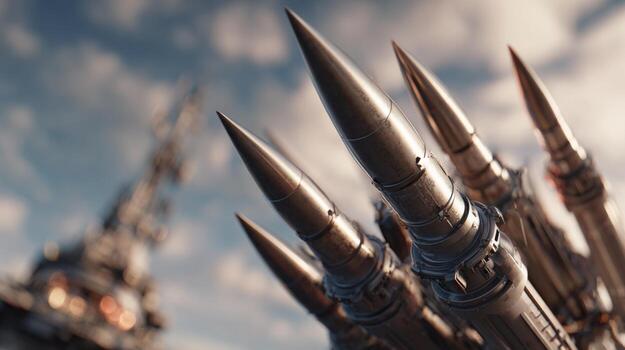 A close-up view of sleek, metallic missiles pointing towards the sky against a dynamic cloud backdrop. photo
