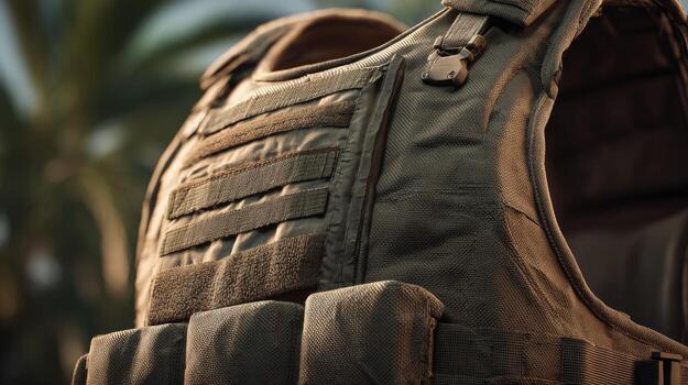 Close-up of a military tactical vest in earthy tones with a textured surface, set against a natural background. photo