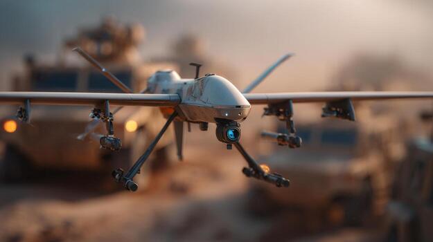 A military drone, showcasing advanced technology, hovers in the foreground with armored vehicles in the background, creating a tense atmosphere. photo
