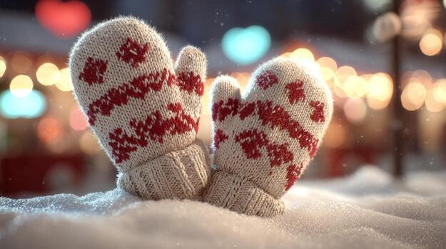 Warm knitted mittens resting on snow, adorned with festive patterns, creating a cozy winter atmosphere. photo