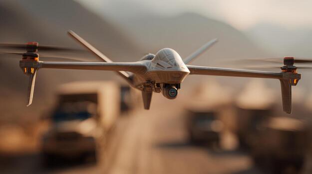 A sleek drone capture, highlighting its advanced design and capability, soaring above a rugged landscape with trucks in the background. photo