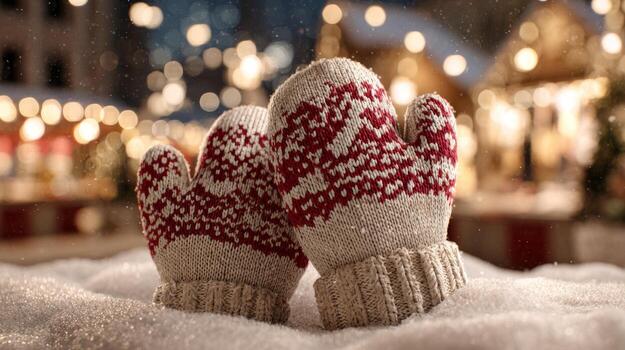 Pair of cozy knitted mittens with festive patterns, resting on soft snow, embodying the warmth of winter holidays. photo