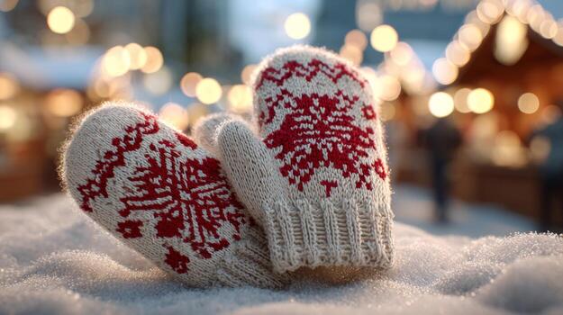 Warm knitted mittens with festive patterns resting on a snow-covered surface at a holiday market. photo