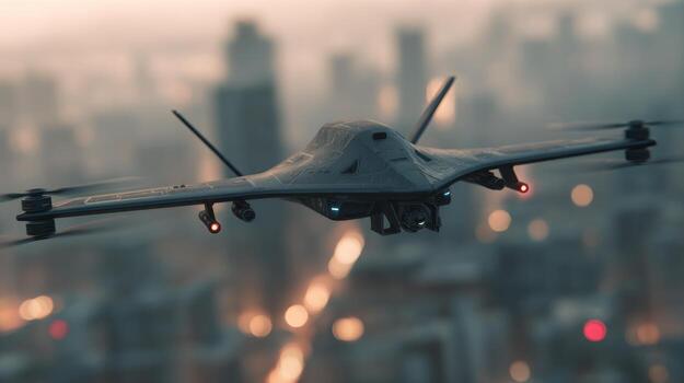 A sleek, futuristic drone navigates a city skyline at dusk, showcasing its advanced design and technology. photo