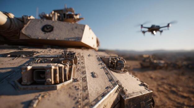 Close-up of a military tank with a drone hovering in the background, capturing a high-tech aerial perspective in a desert setting. photo