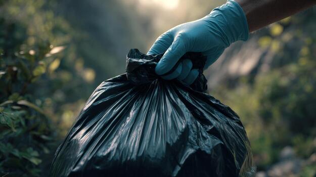 A person's hand wearing a blue glove holds a black garbage bag in a natural setting, emphasizing environmental cleanup. photo