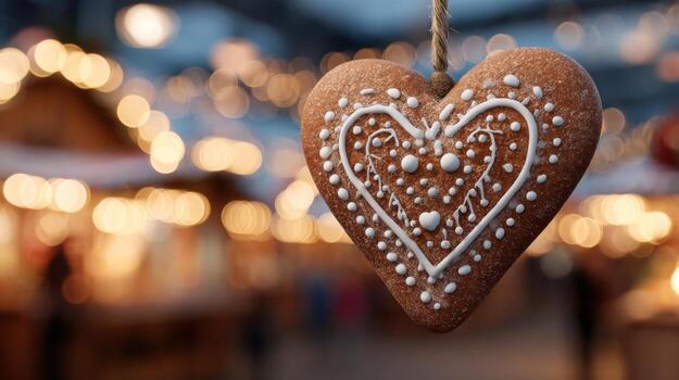 A close-up of a heart-shaped gingerbread cookie adorned with white icing, set against a festive blurred background of lights. photo