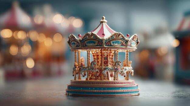A beautifully crafted miniature carousel, featuring ornate detailing and vibrant colors, creating a nostalgic and whimsical atmosphere. photo