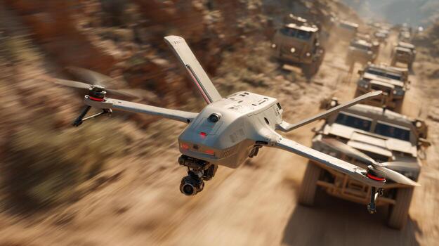 A sleek drone hovers above rugged terrain, capturing action shots of military vehicles in motion, showcasing advanced technology. photo