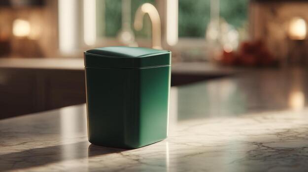 un moderno verde cocina frasco bañado en calentar luz de sol, agregando un toque de elegancia a un atractivo cocina ajuste. foto