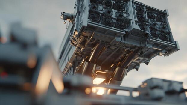 A futuristic spacecraft hovering, showcasing intricate mechanical details and a warm sunset glow in the background. photo