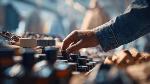 A close-up of a male hand selecting a bottle from a display of fragrance containers in a vibrant market setting. photo