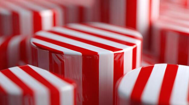Close-up of glossy red and white striped cylindrical objects that create a vibrant, playful atmosphere. photo