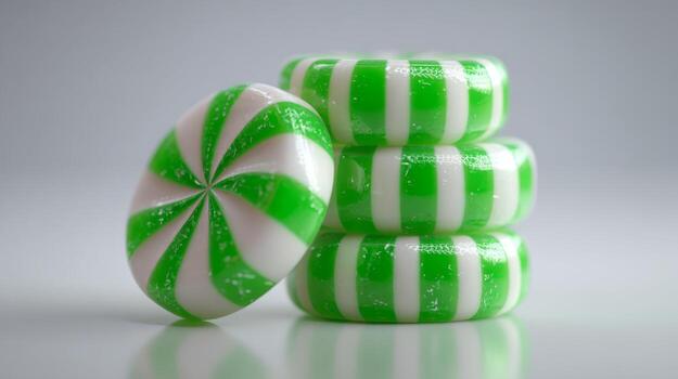 A delightful stack of green and white striped peppermint candies adds a vibrant touch to the setting. photo