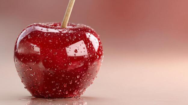 Vibrant red apple with droplets, showcasing freshness and glistening texture against a soft gradient background. photo