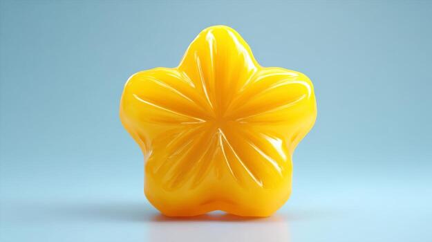 un brillante amarillo en forma de estrella jalea caramelo presentando suave curvas y intrincado detallando, conjunto en contra un suave azul antecedentes. foto