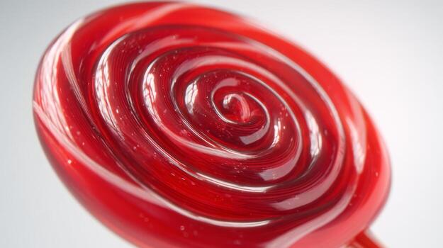 A vibrant red spiral lollipop showcasing glossy swirls and intricate texture against a soft gradient background. photo