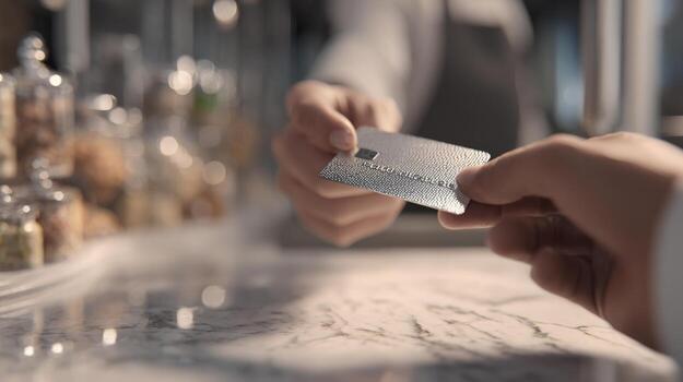 A close-up of a hand exchanging a credit card, symbolizing a financial transaction in a modern setting. photo