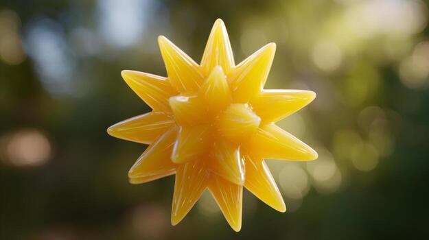 un brillante amarillo en forma de estrella escultura capturas luz, en pie fuera con sus lustroso terminar en contra un natural antecedentes. foto