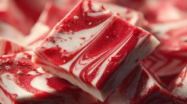 Close-up of red and white peppermint fudge, showcasing a swirled pattern for a festive treat. photo