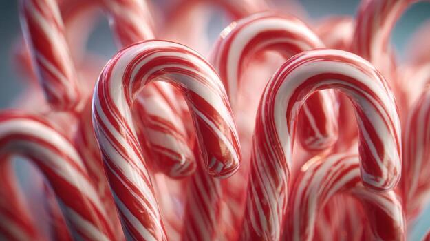 A close-up view of colorful red and white candy canes, showcasing their swirled texture and festive appeal. photo