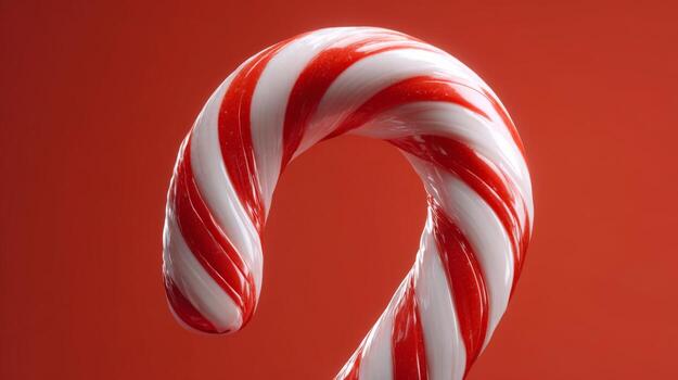 Close-up of a vibrant red and white striped candy cane, showcasing its glossy surface against a rich red backdrop. photo