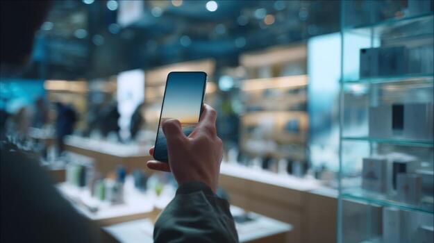 A person captures a scenic sunset with a smartphone in a modern electronics store, highlighting technology merging with daily life. photo