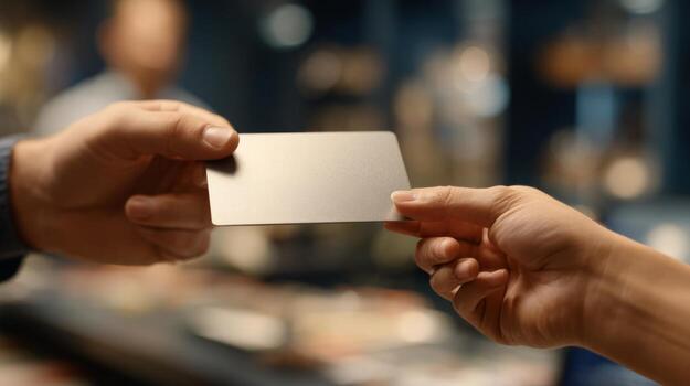 A close-up of a person handing over a credit card to another, symbolizing a financial transaction in a retail setting. photo
