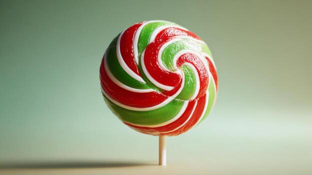 Vibrant red and green swirled lollipop on a neutral background, perfect for adding a festive touch to any celebration. photo