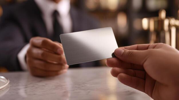 A close-up of a hand passing a sleek silver card to a well-dressed bartender in a sophisticated setting. photo