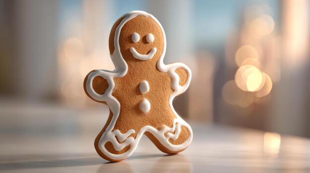 un alegre pan de jengibre hombre con blanco Formación de hielo detalles, conjunto en contra un suave, borroso fondo, evocando un festivo humor. foto