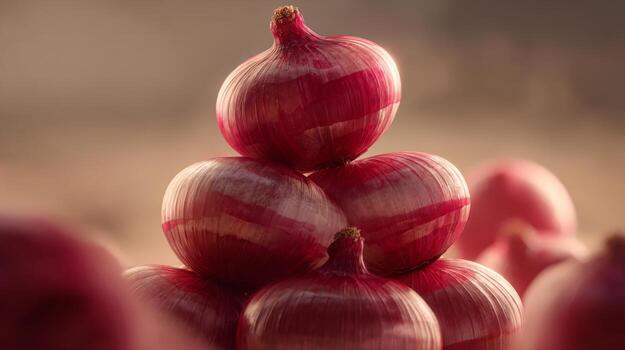 un apilar de vibrante rojo cebollas, exhibiendo su lustroso piel y único patrones en suave, difundido Encendiendo. foto