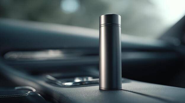 Sleek silver thermos on a car console, blending functionality and modern design. photo