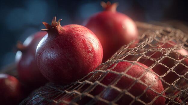 A close-up of fresh, ripe pomegranates nestled in a mesh bag, showcasing their vibrant red color and dewy texture. photo