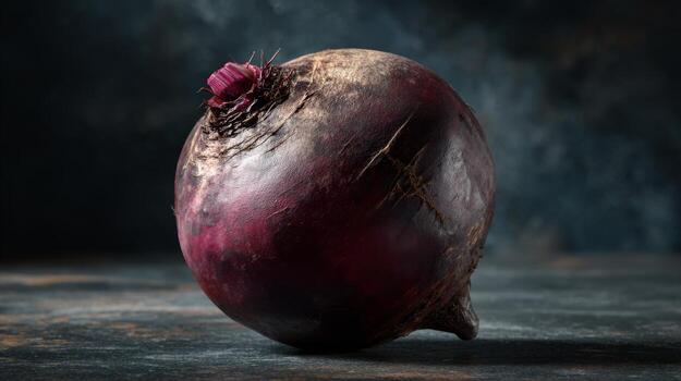 A vibrant red onion rests on a rustic surface, showcasing its textured skin and deep color against a moody backdrop. photo