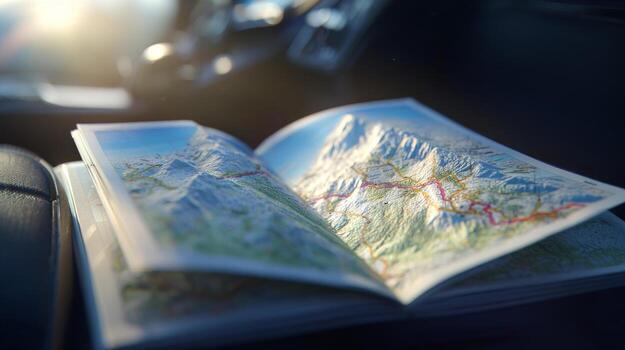 An open road map resting on the passenger seat of a car, capturing the spirit of adventure and exploration. photo