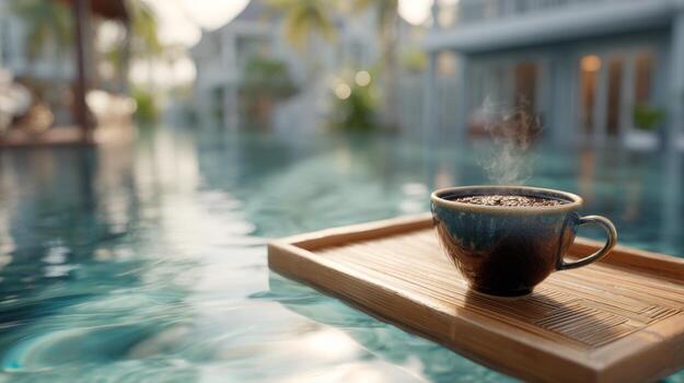 A steaming cup of coffee rests on a wooden tray, floating serenely in a tranquil pool setting surrounded by lush greenery. photo