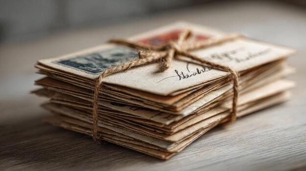 A rustic bundle of vintage postcards tied with twine, showcasing a charming nostalgic aesthetic. photo
