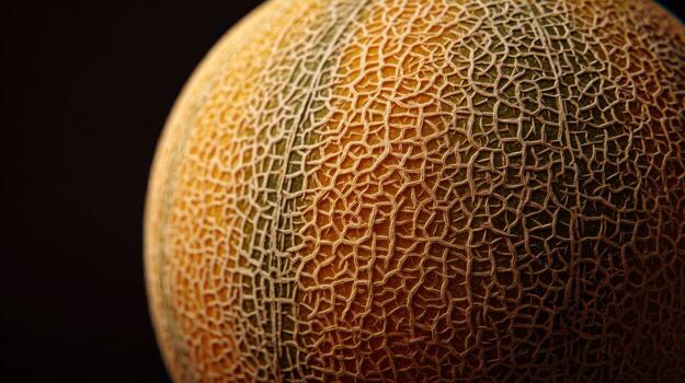 A close-up shot of a cantaloupe revealing its textured rind and intricate network of cracks against a dark background. photo