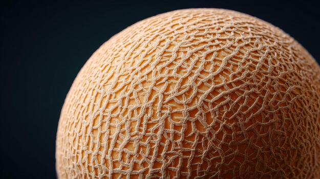 Close-up of a textured melon, showcasing its unique netted skin pattern in warm hues. photo