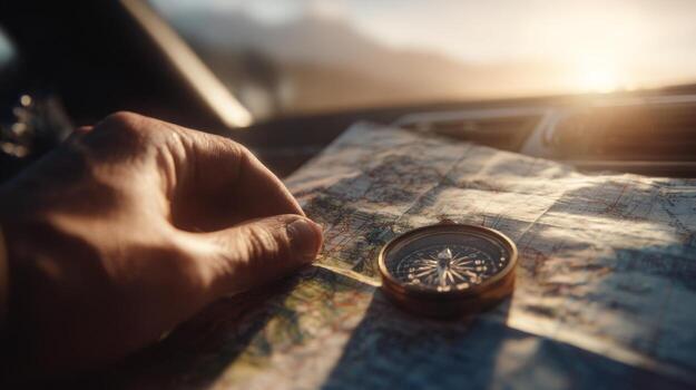 A close-up of a hand holding a map and compass inside a vehicle as sunlight filters through the windshield, evoking a sense of adventure. photo