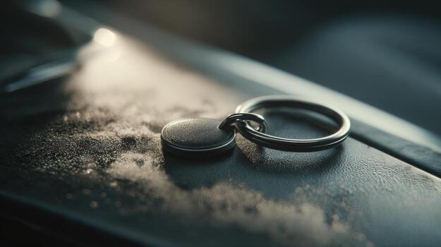 Close-up of a silver keychain resting on a textured surface with subtle condensation, evoking a serene, contemplative atmosphere. photo