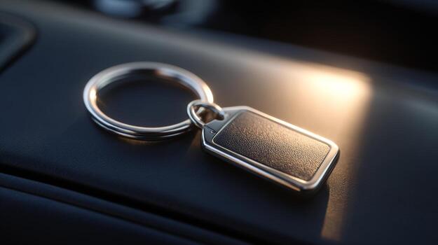 Close-up of a silver keychain with a sleek black tag resting on a car dashboard, reflecting soft sunlight. photo