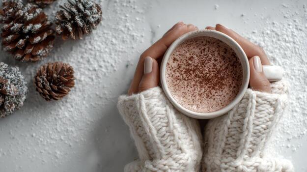 A pair of hands, gently cradling a warm cup of hot chocolate, rest on a snowy surface adorned with pinecones. photo