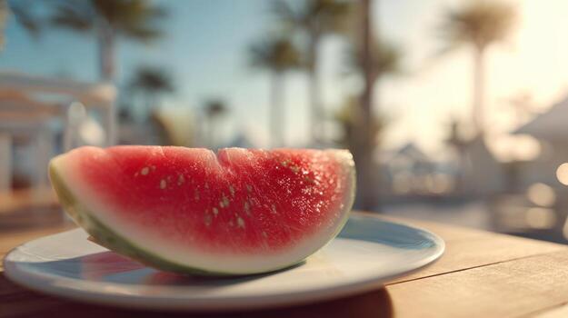 A refreshing slice of watermelon on a white plate in a sunny, tropical setting. photo