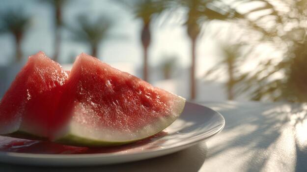 Fresh watermelon slices on a white plate, set against a soft background of palm trees and sunlight. photo