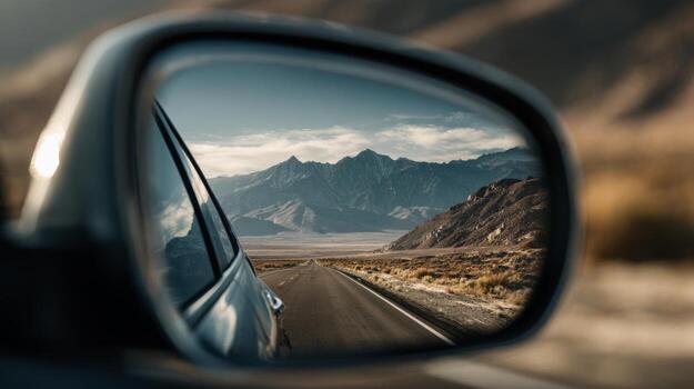 A scenic view of majestic mountains reflected in a car's side mirror during a tranquil drive. photo